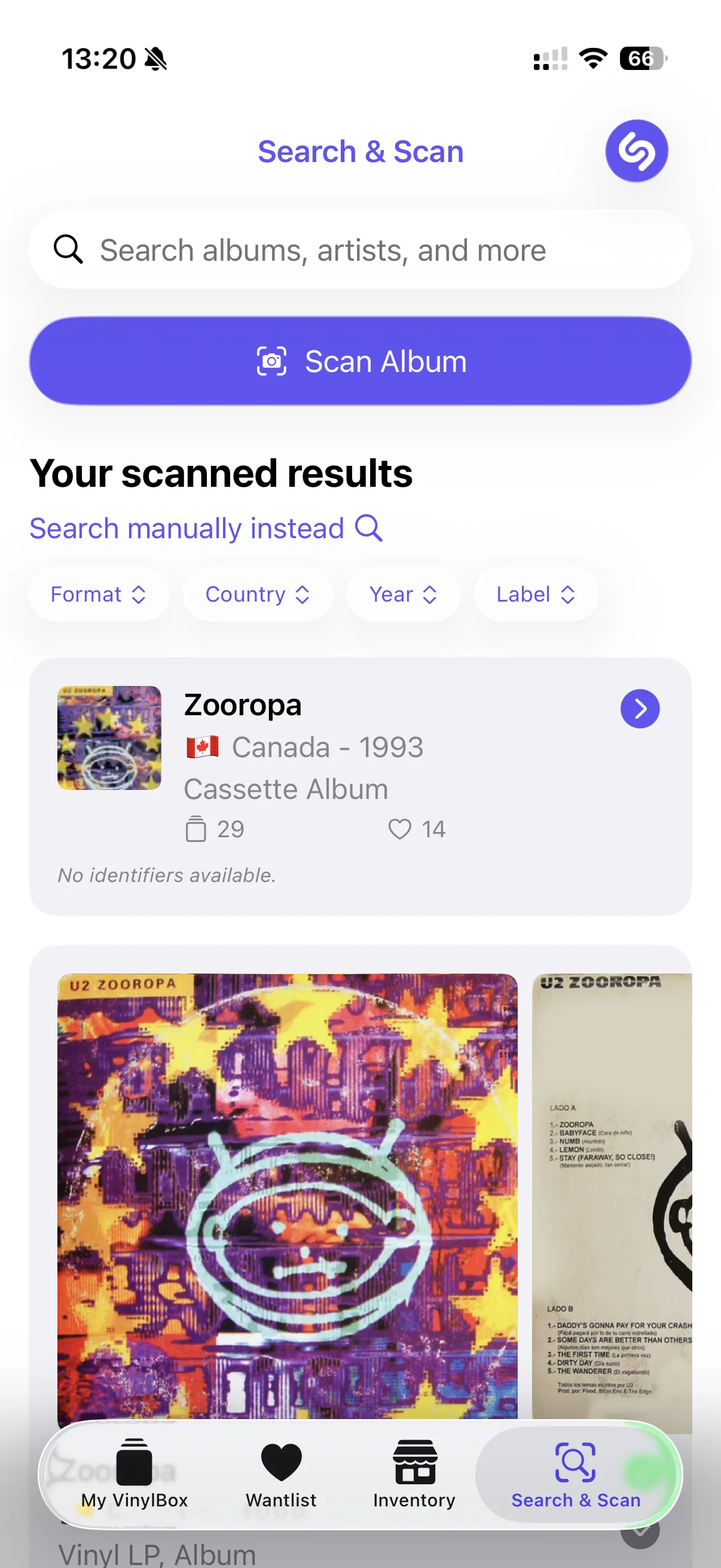 Scan results with format, country, year and label filters