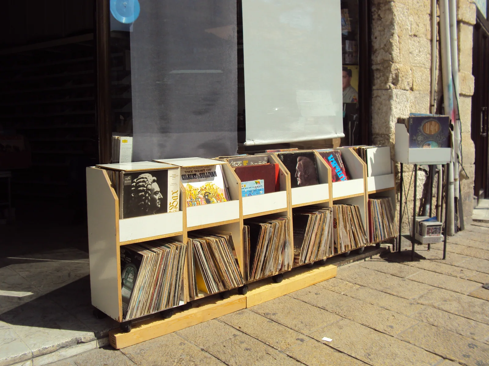 Second-hand records displayed outside Azoulay record shop in Jaffa