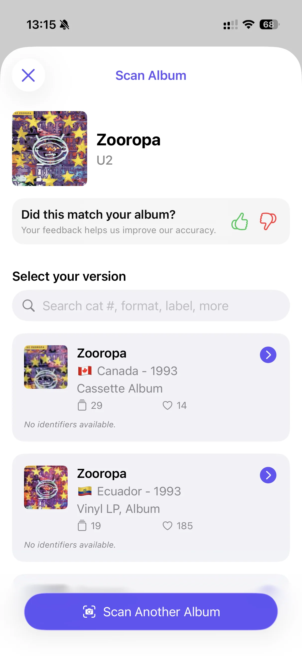 Zooropa scan results containing cassette and vinyl editions