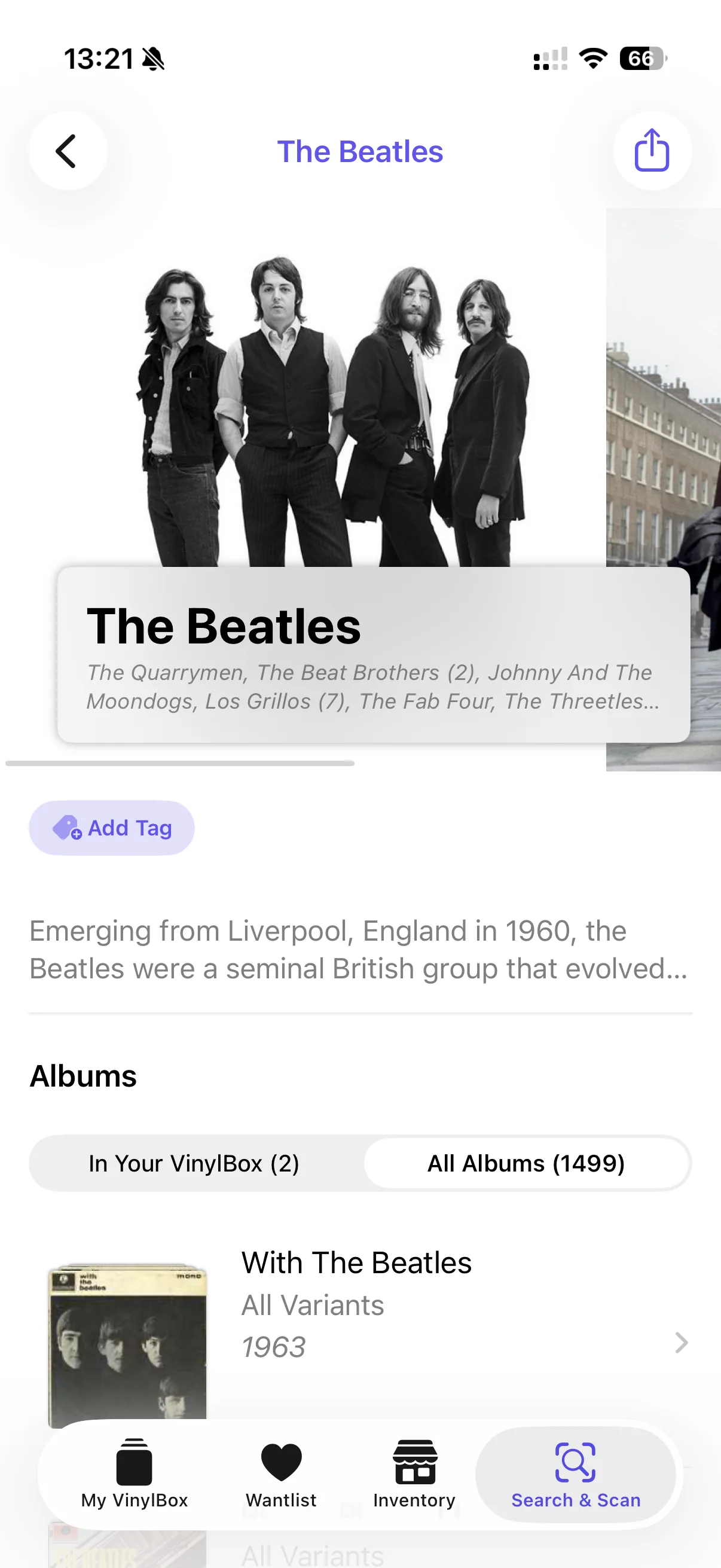Beatles artist page showing All Albums 1499