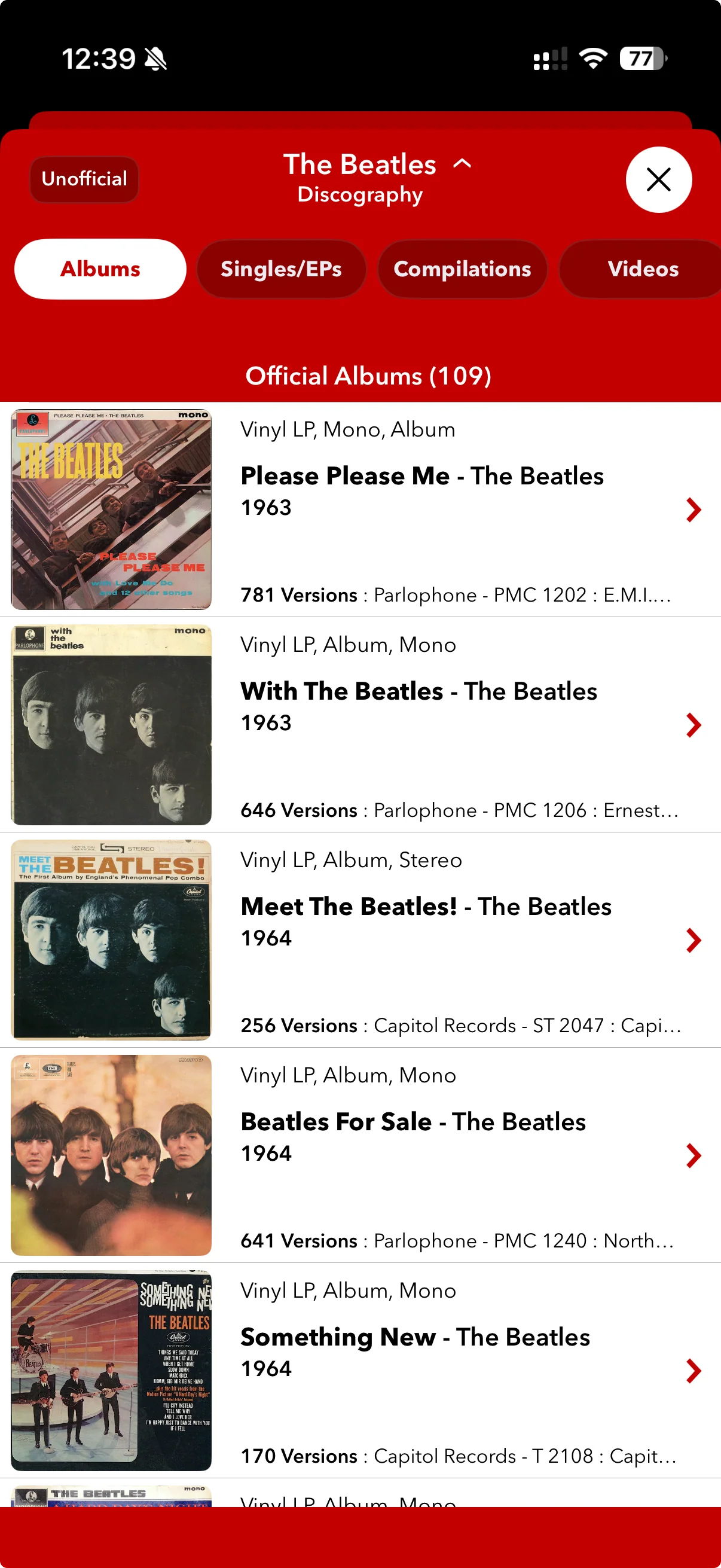 Beatles discography showing Official Albums (109)