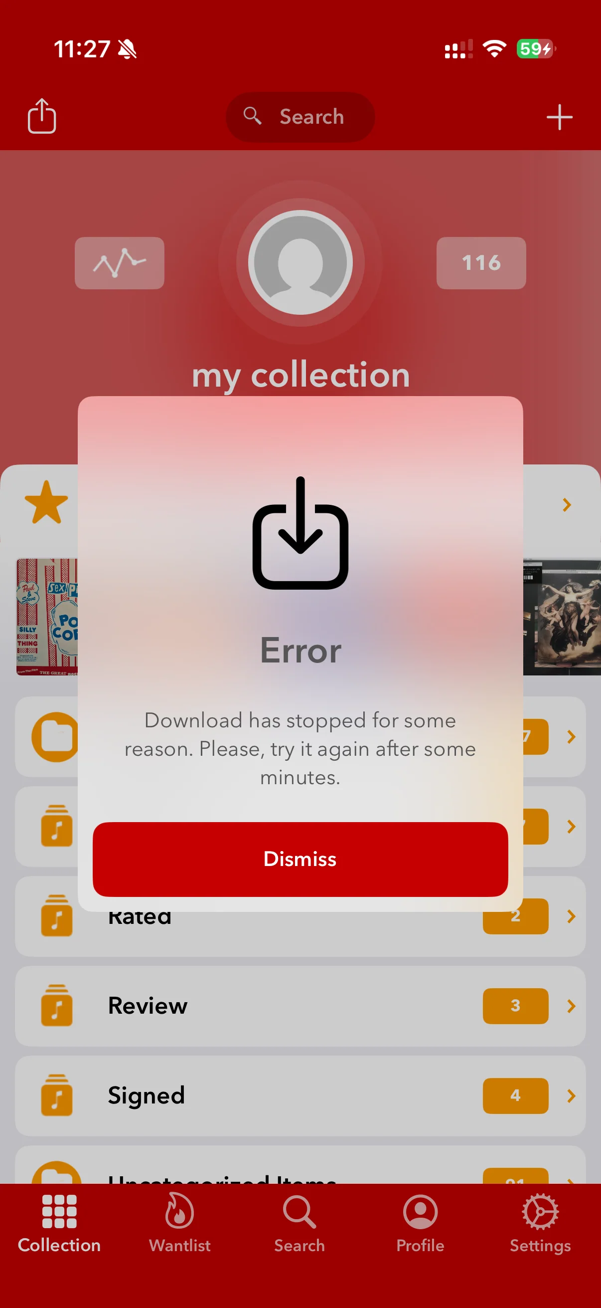 Collection download error message