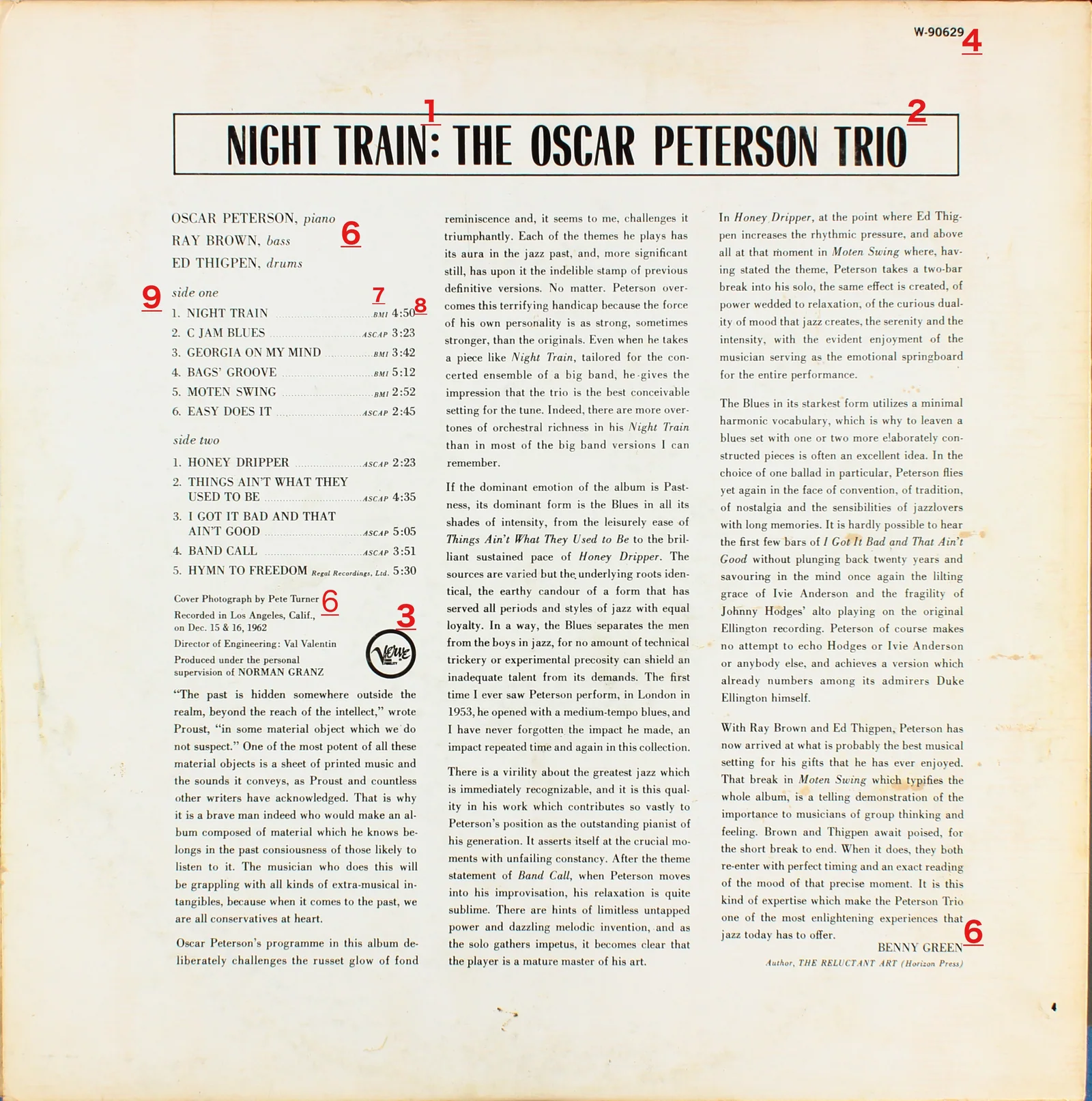 Annotated Night Train back cover with catalogue number at the upper right and track list on the left