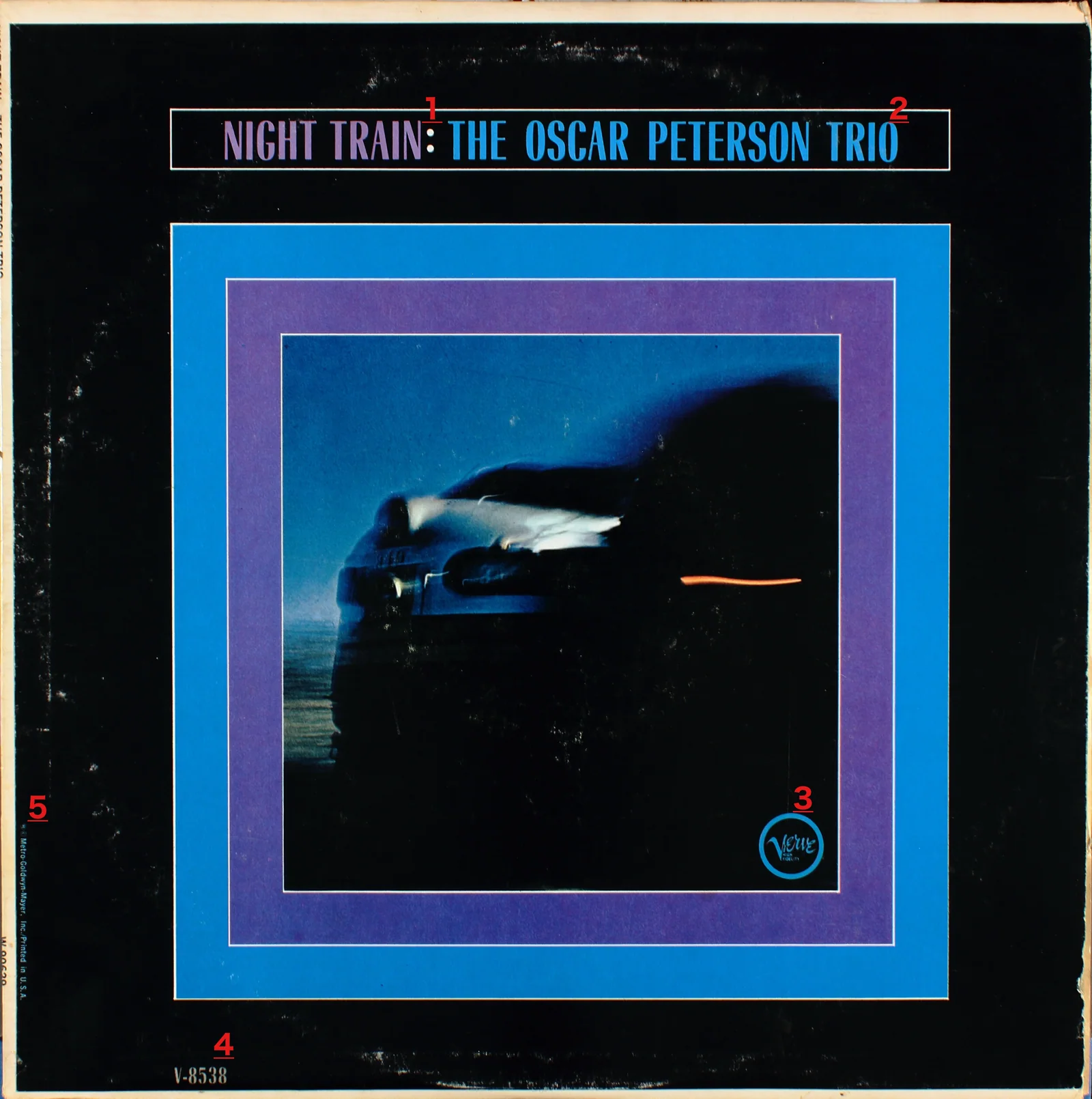 Annotated Night Train front cover showing the Verve logo and catalogue number
